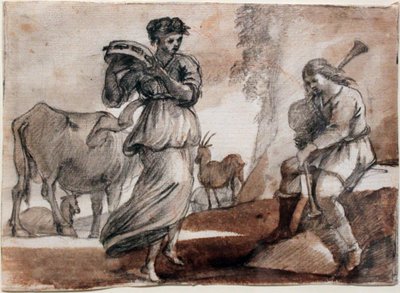 Dancer with Tambourine and Bag-Piper by Claude Lorrain